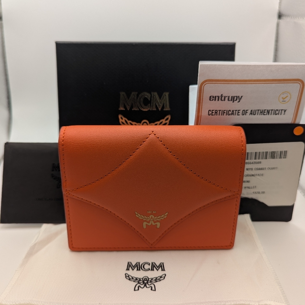 NWT MCM Orange Gold Leather Diamond Compact Wallet Box Dust Bag COA Zip Snap
